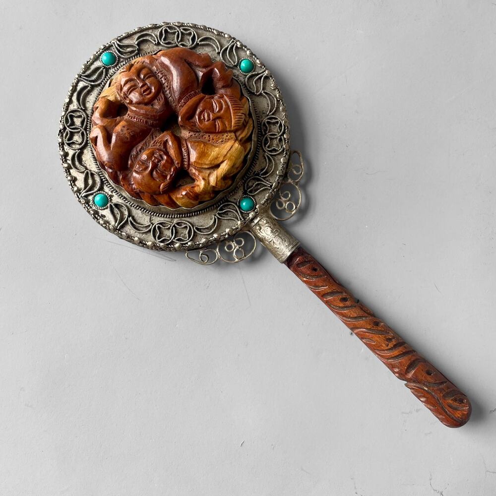VTG Antique Carved Wood Silver Metal Round Hand Mirror Filigree Chinese Export